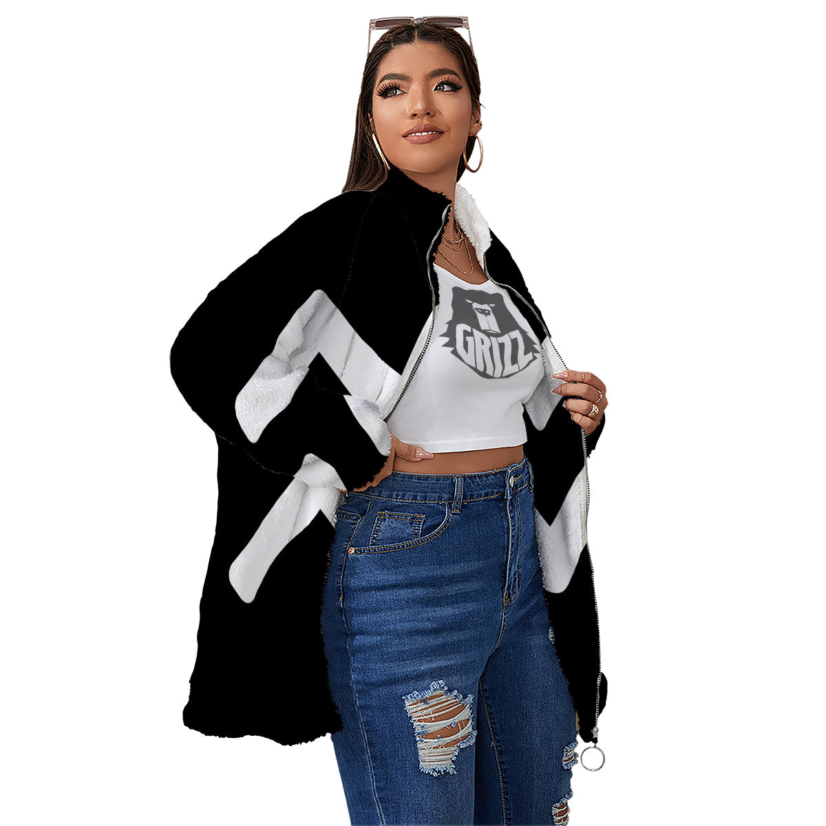 Aquarius Sign White And Black Print Women's Sherpa Jacket-grizzshop