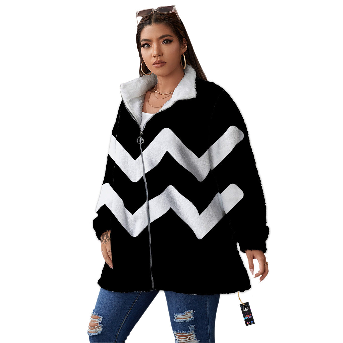 Aquarius Sign White And Black Print Women's Sherpa Jacket-grizzshop
