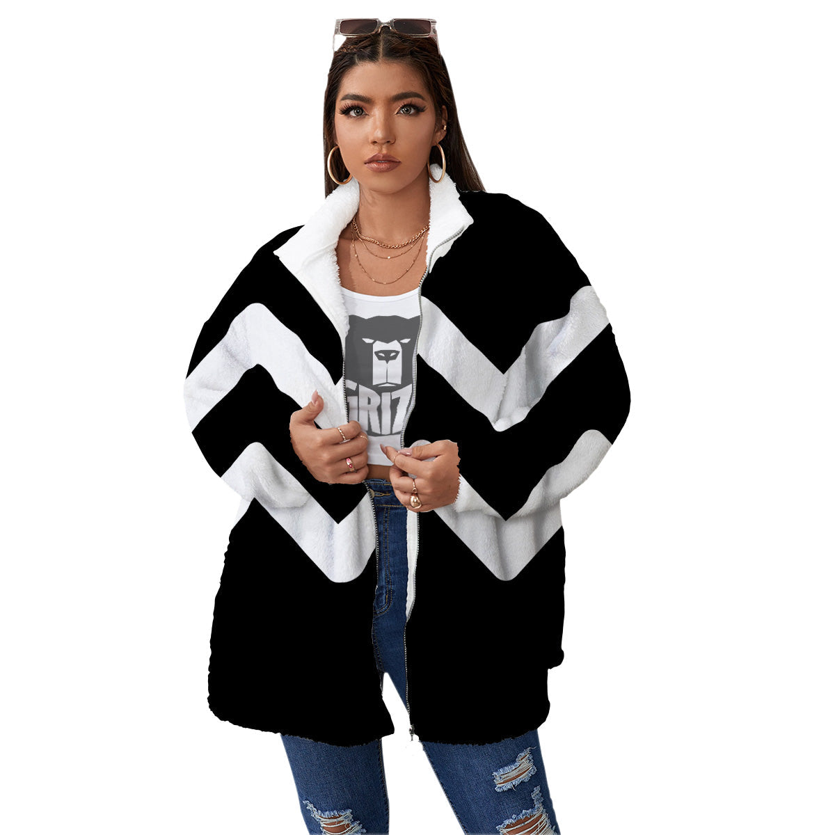 Aquarius Sign White And Black Print Women's Sherpa Jacket-grizzshop