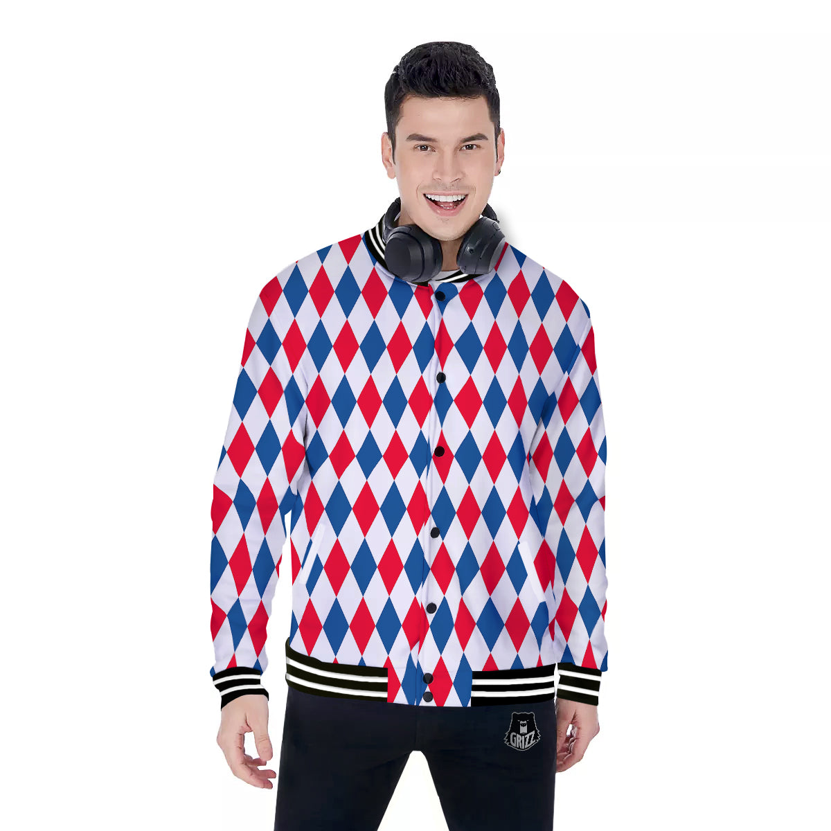 Argyle American Print Pattern Baseball Jacket-grizzshop