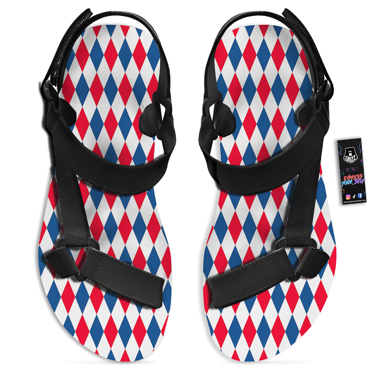 Argyle American Print Pattern Black Open Toe Sandals-grizzshop