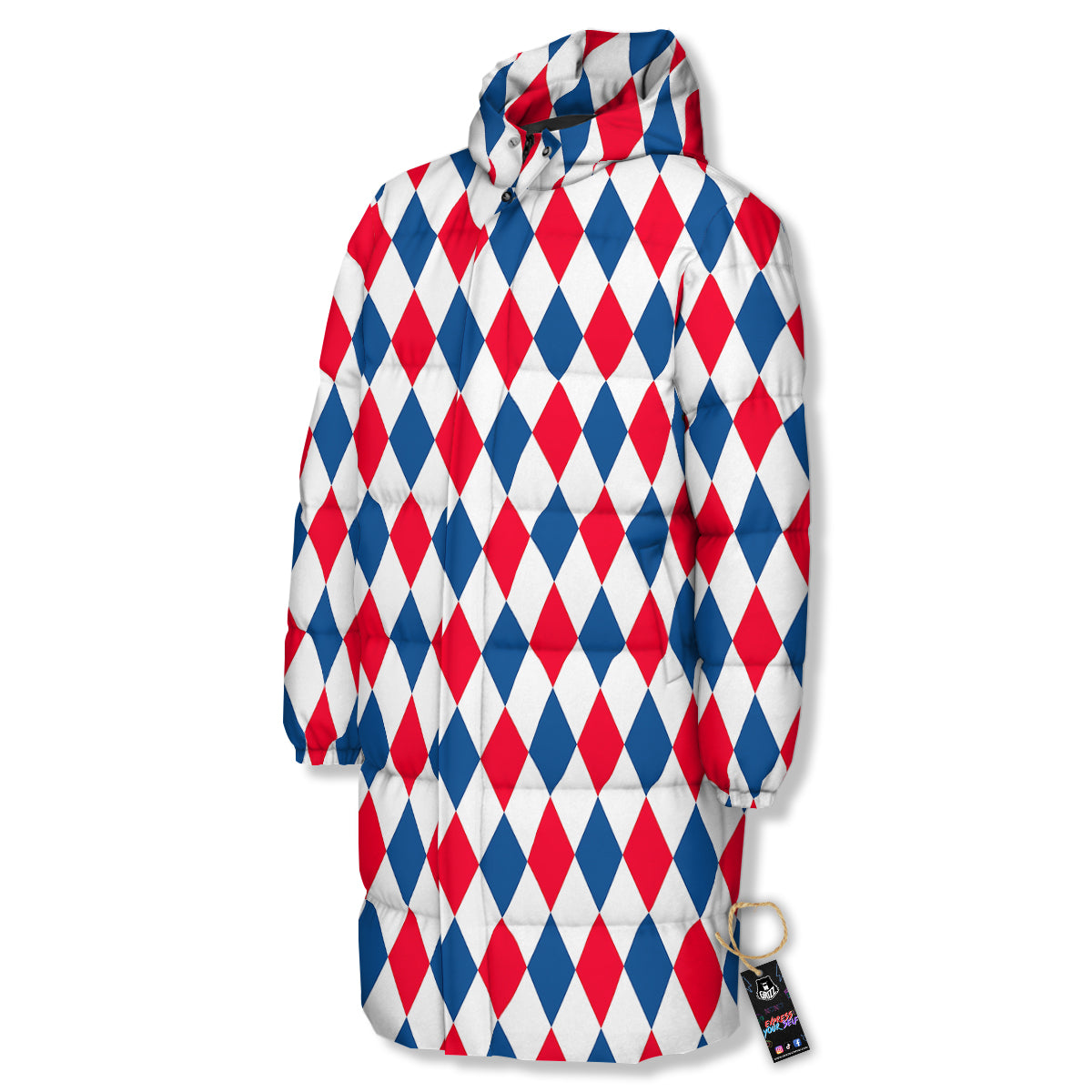 Argyle American Print Pattern Long Down Jacket-grizzshop