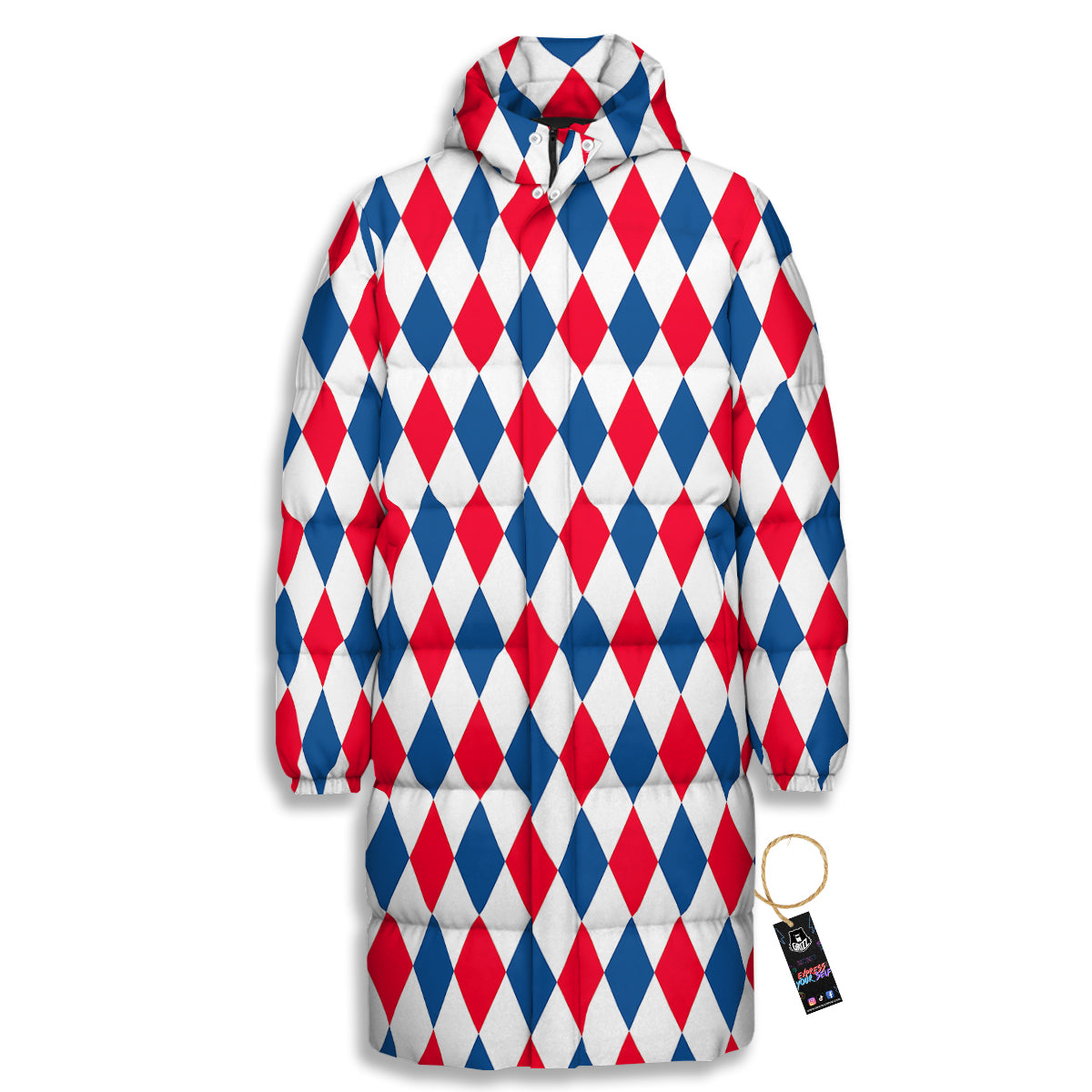 Argyle American Print Pattern Long Down Jacket-grizzshop
