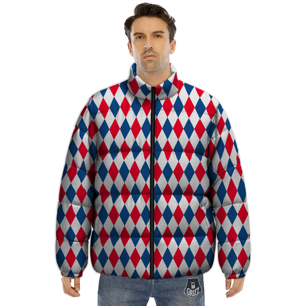 Argyle American Print Pattern Puffer Jacket-grizzshop