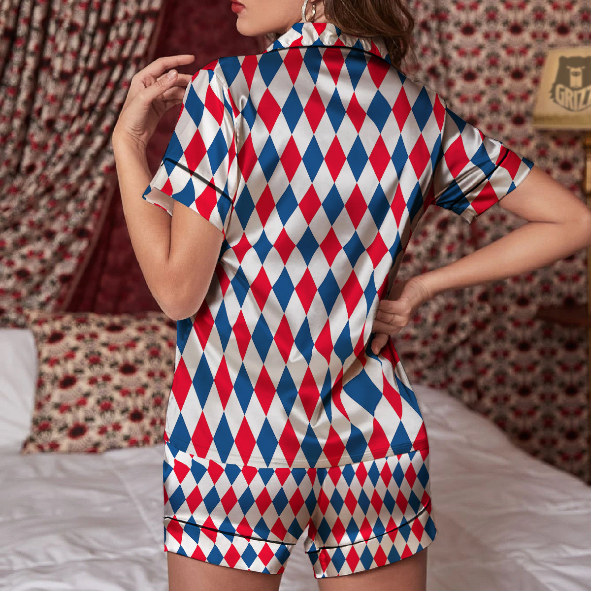 Argyle American Print Pattern Women Silk Pajamas-grizzshop