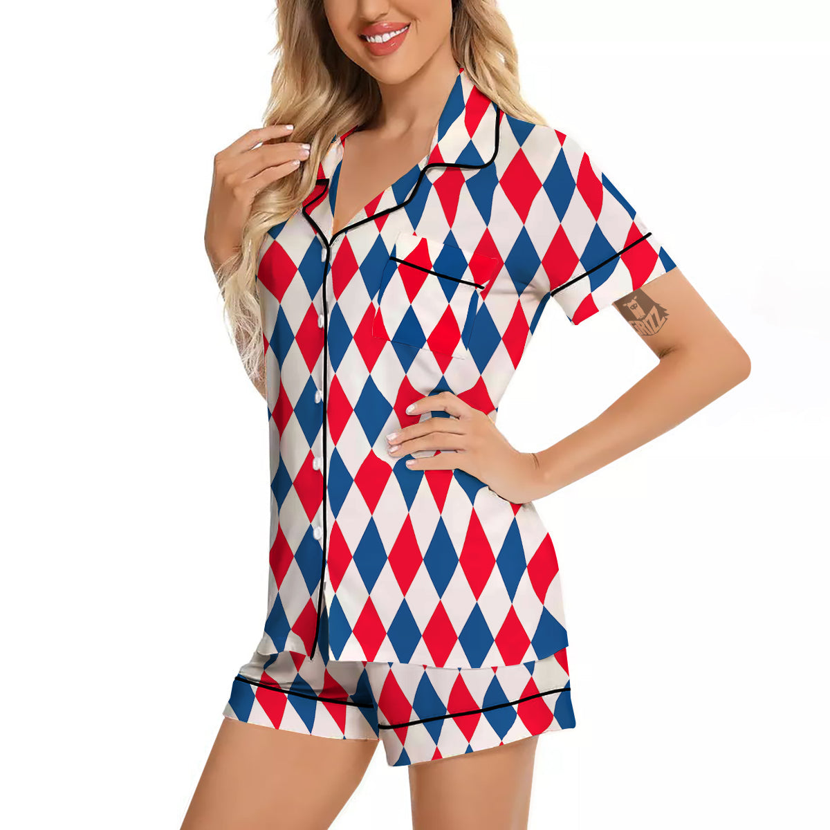 Argyle American Print Pattern Women Silk Pajamas-grizzshop