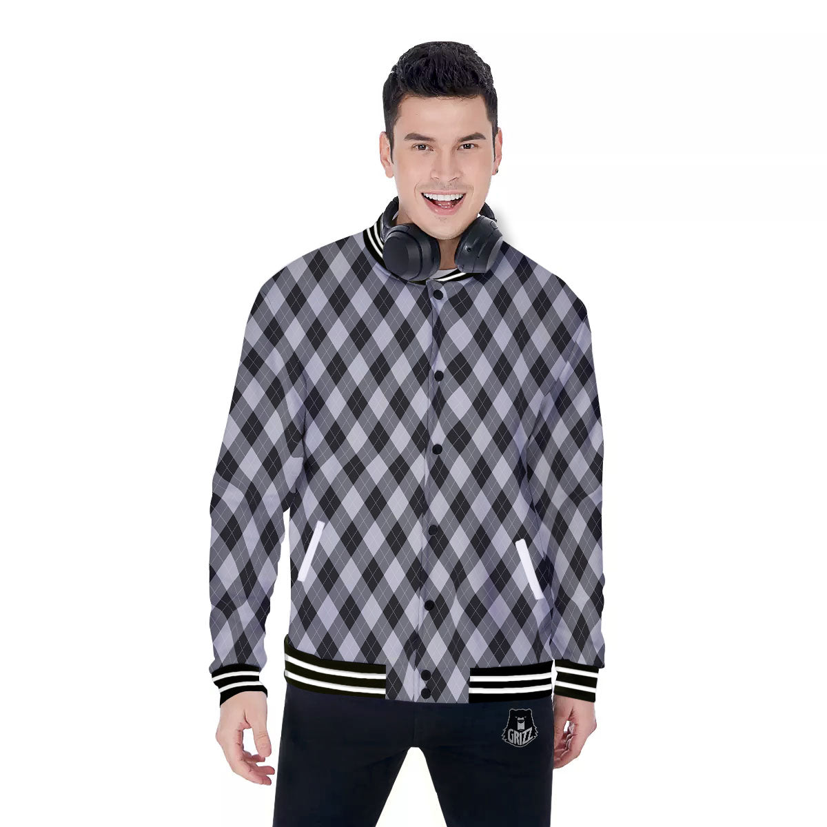 Argyle Black And Grey Print Pattern Baseball Jacket-grizzshop