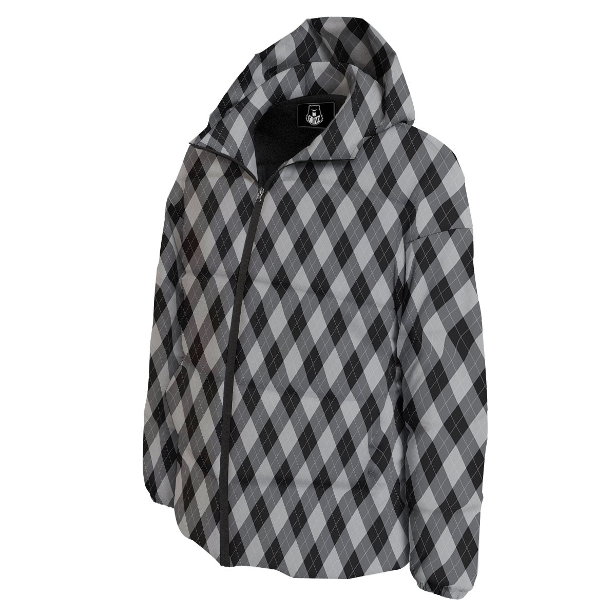 Argyle Black And Grey Print Pattern Down Jacket-grizzshop