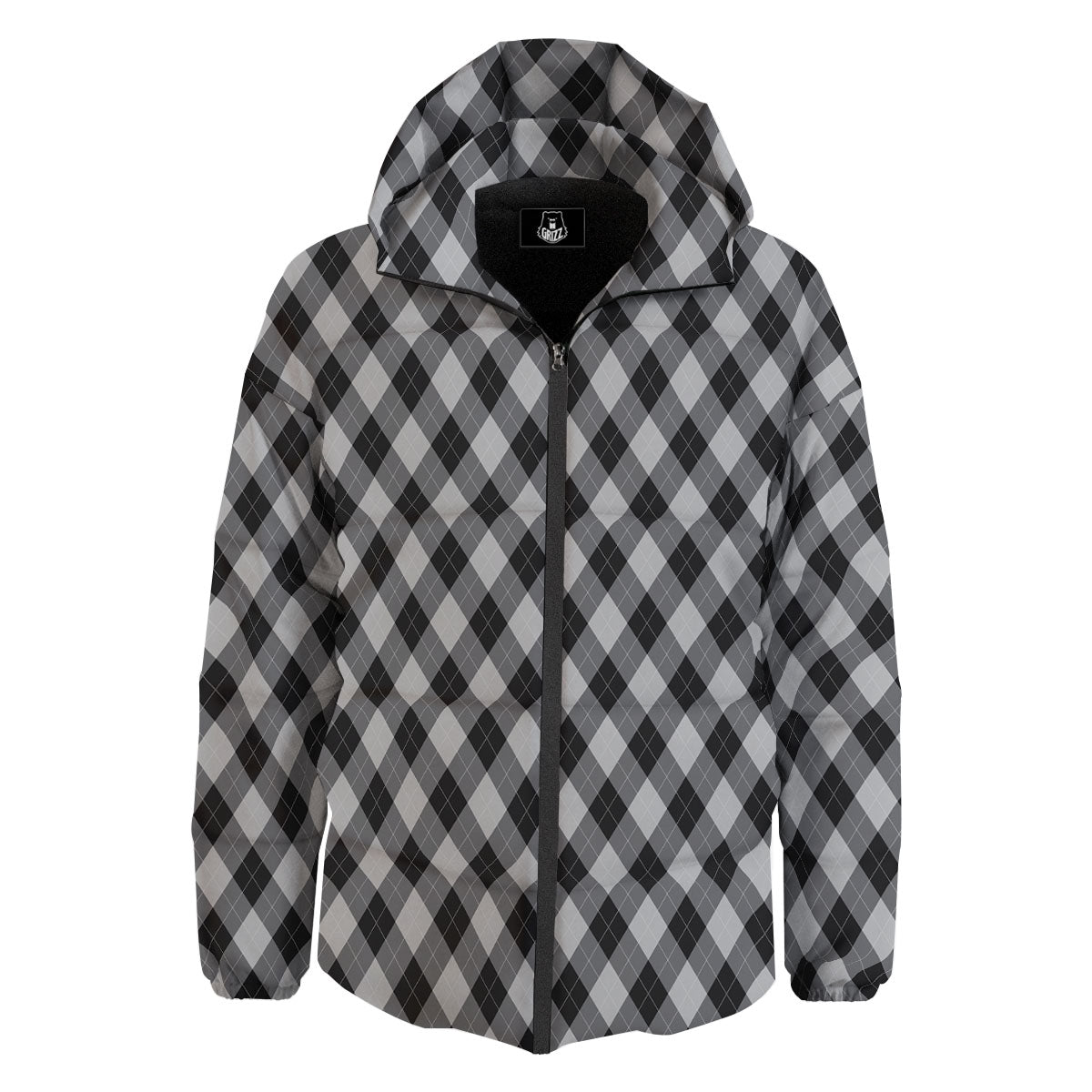 Argyle Black And Grey Print Pattern Down Jacket-grizzshop