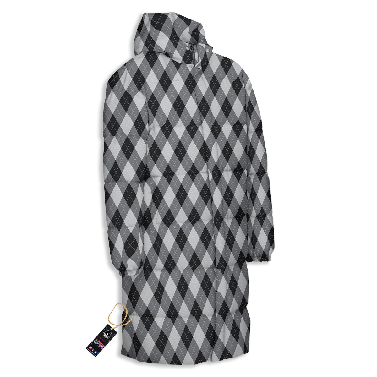 Argyle Black And Grey Print Pattern Long Down Jacket-grizzshop