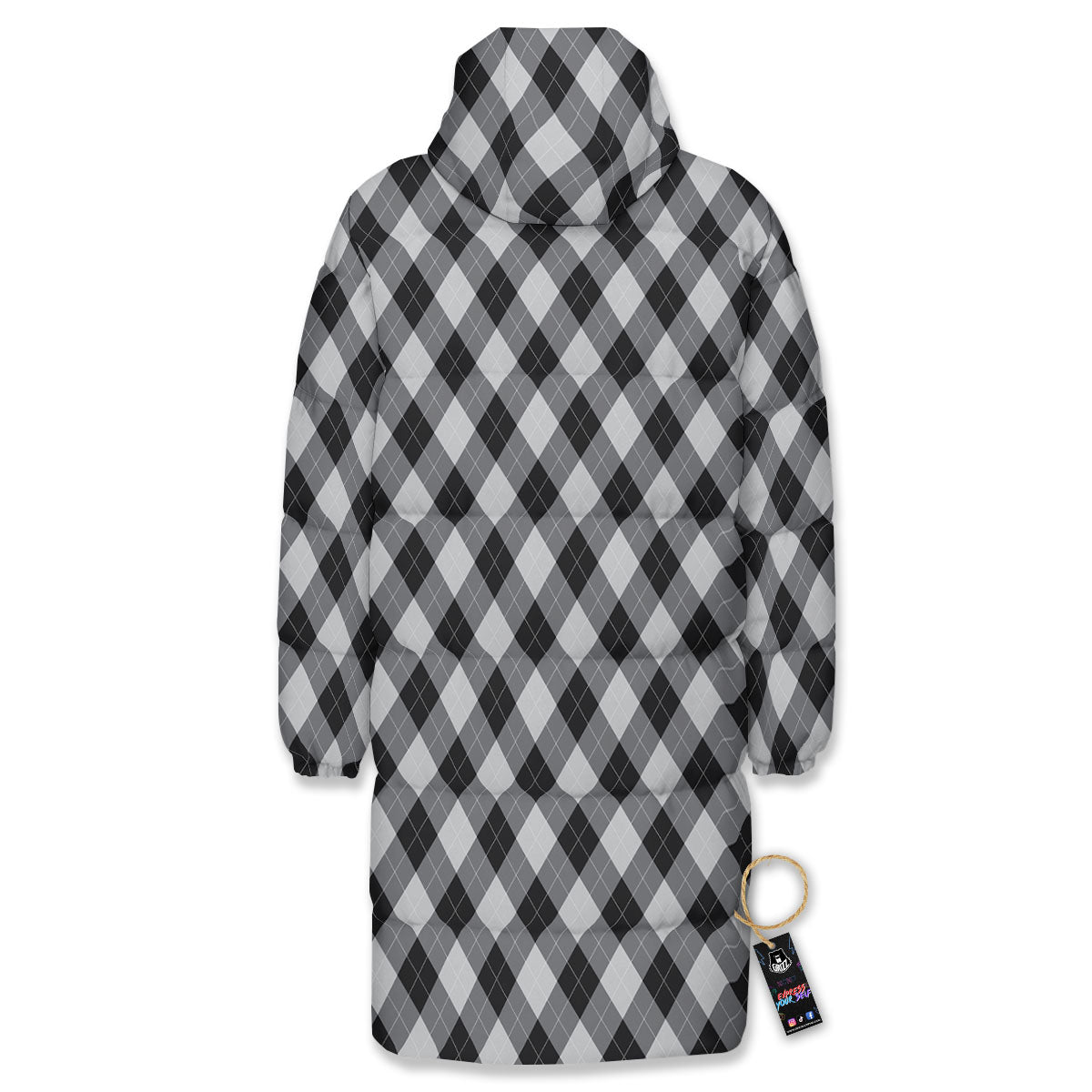 Argyle Black And Grey Print Pattern Long Down Jacket-grizzshop