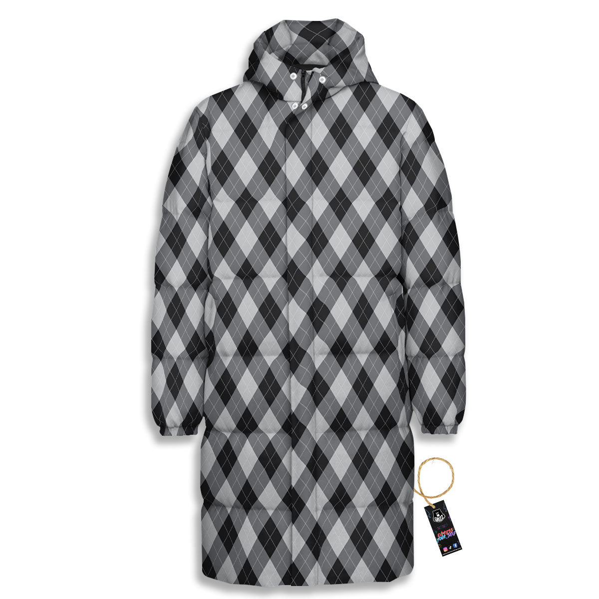 Argyle Black And Grey Print Pattern Long Down Jacket-grizzshop