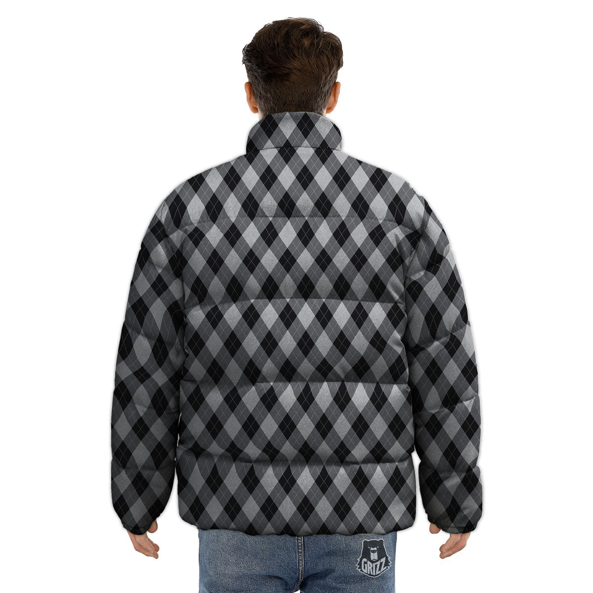 Argyle Black And Grey Print Pattern Puffer Jacket-grizzshop