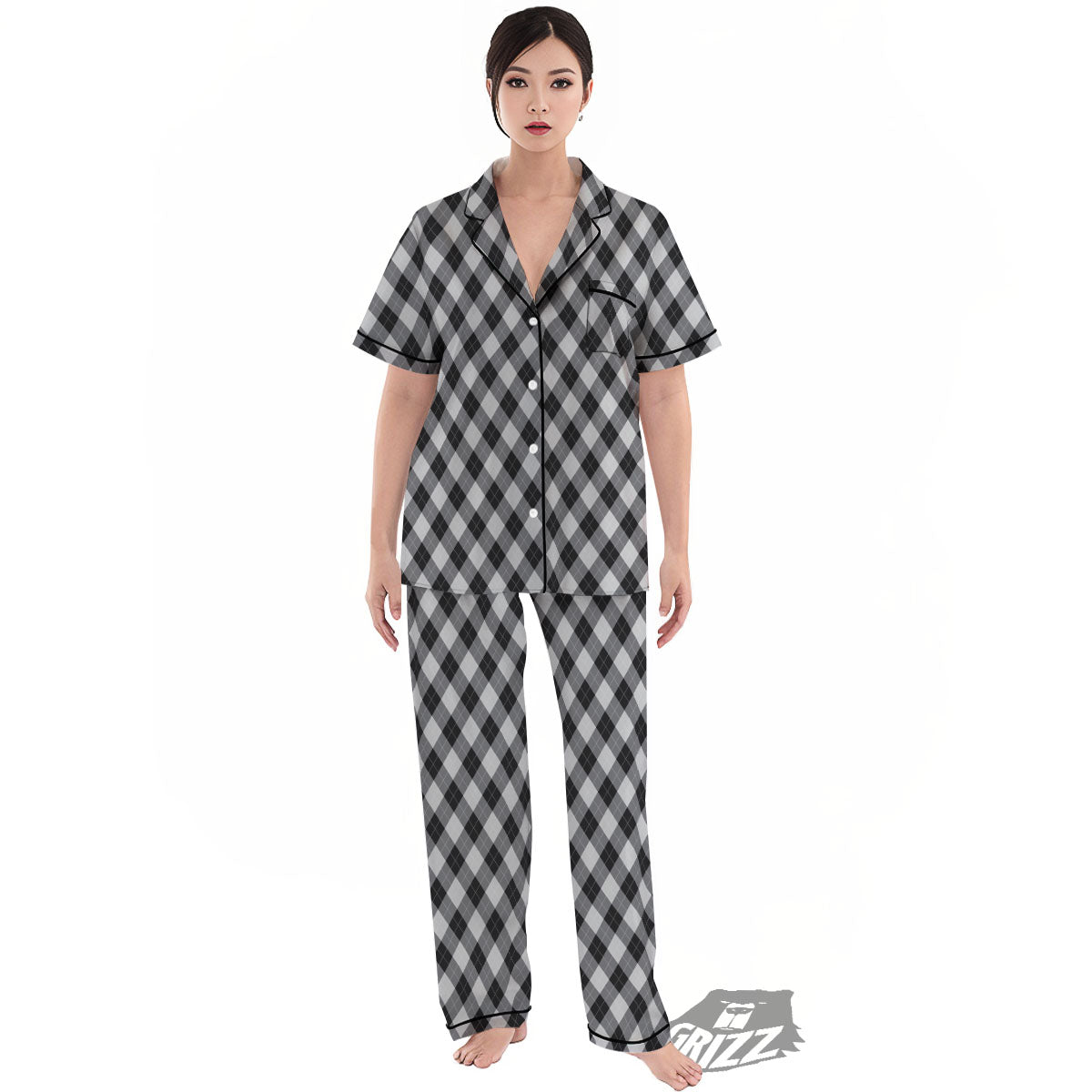 Argyle Black And Grey Print Pattern Women's Pajamas Set-grizzshop