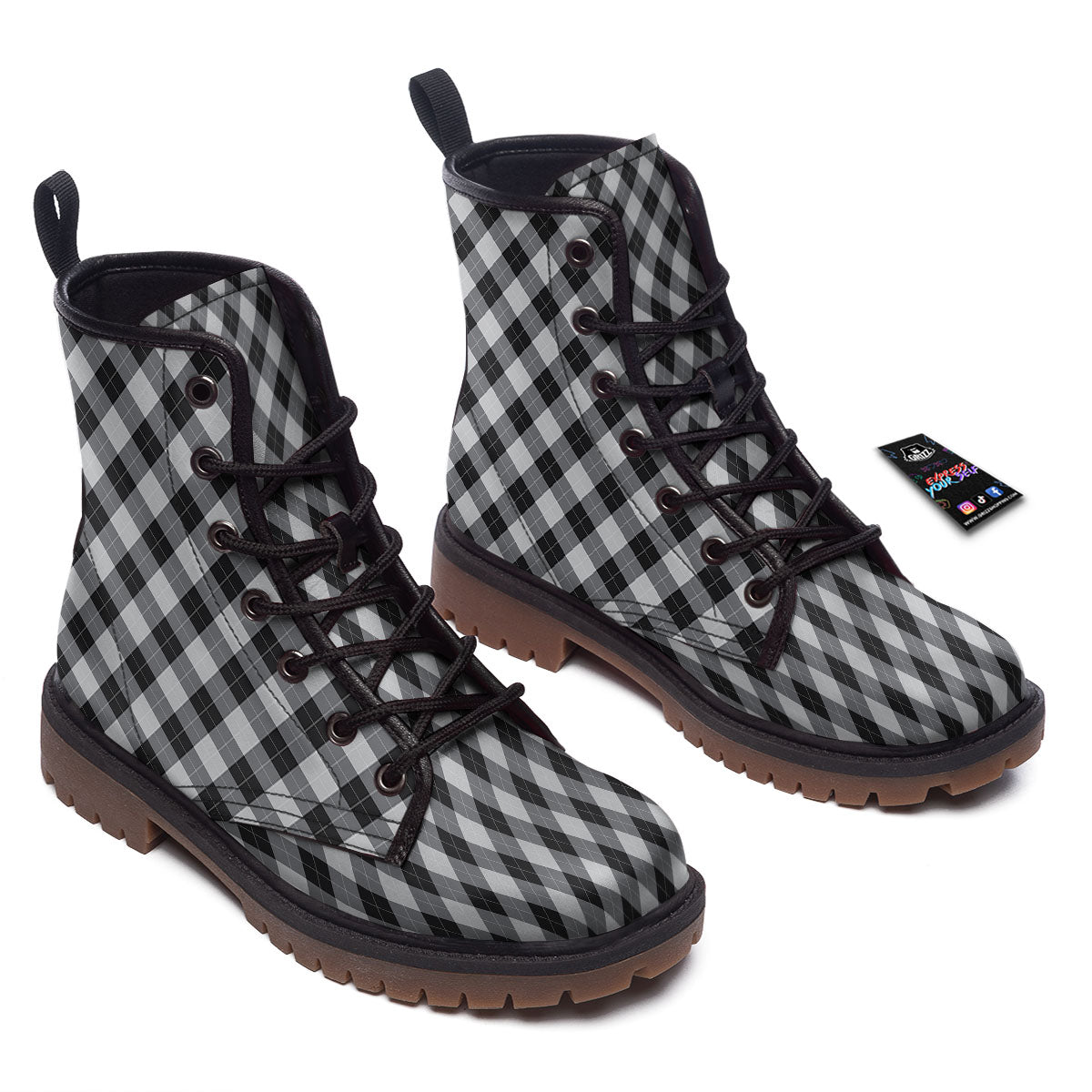 Argyle Black And Grey Print Pattern Work Boots-grizzshop