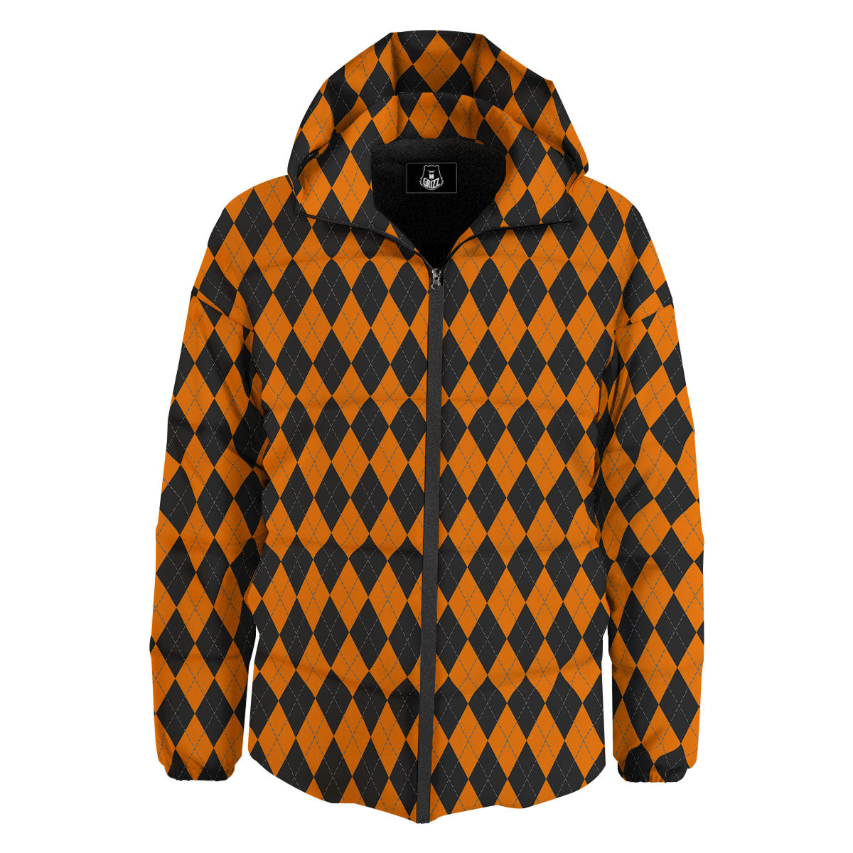 Argyle Black And Orange Print Down Jacket-grizzshop