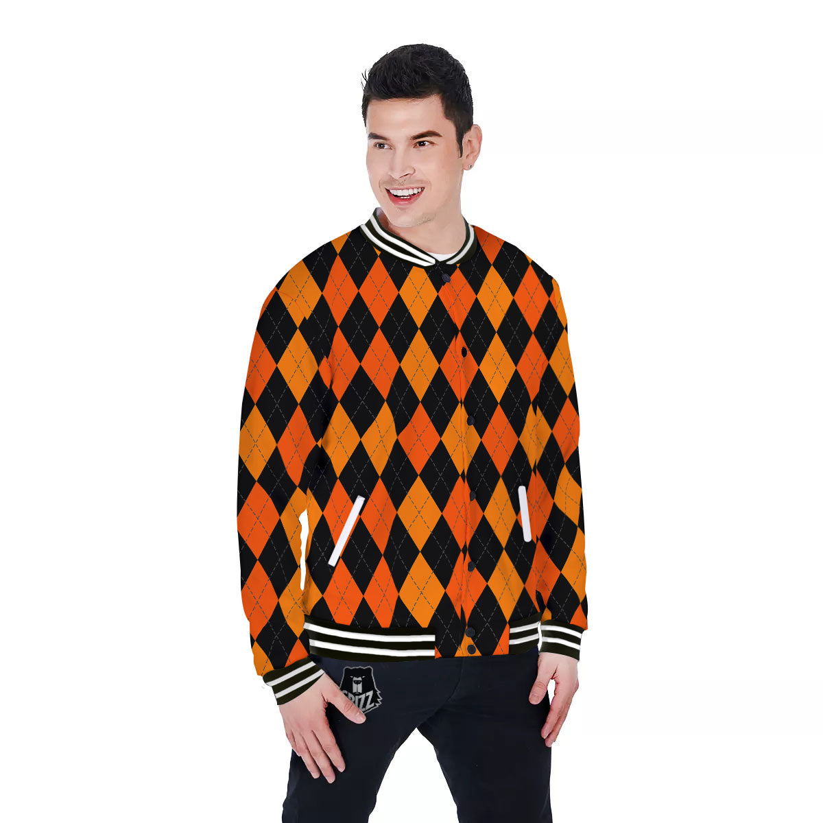 Argyle Black And Orange Print Pattern Baseball Jacket-grizzshop