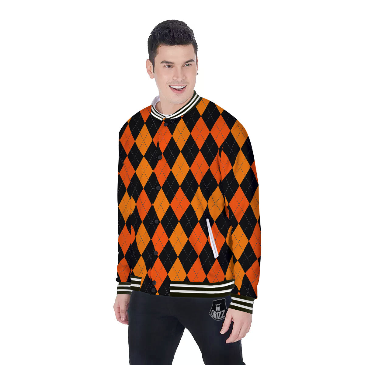 Argyle Black And Orange Print Pattern Baseball Jacket-grizzshop
