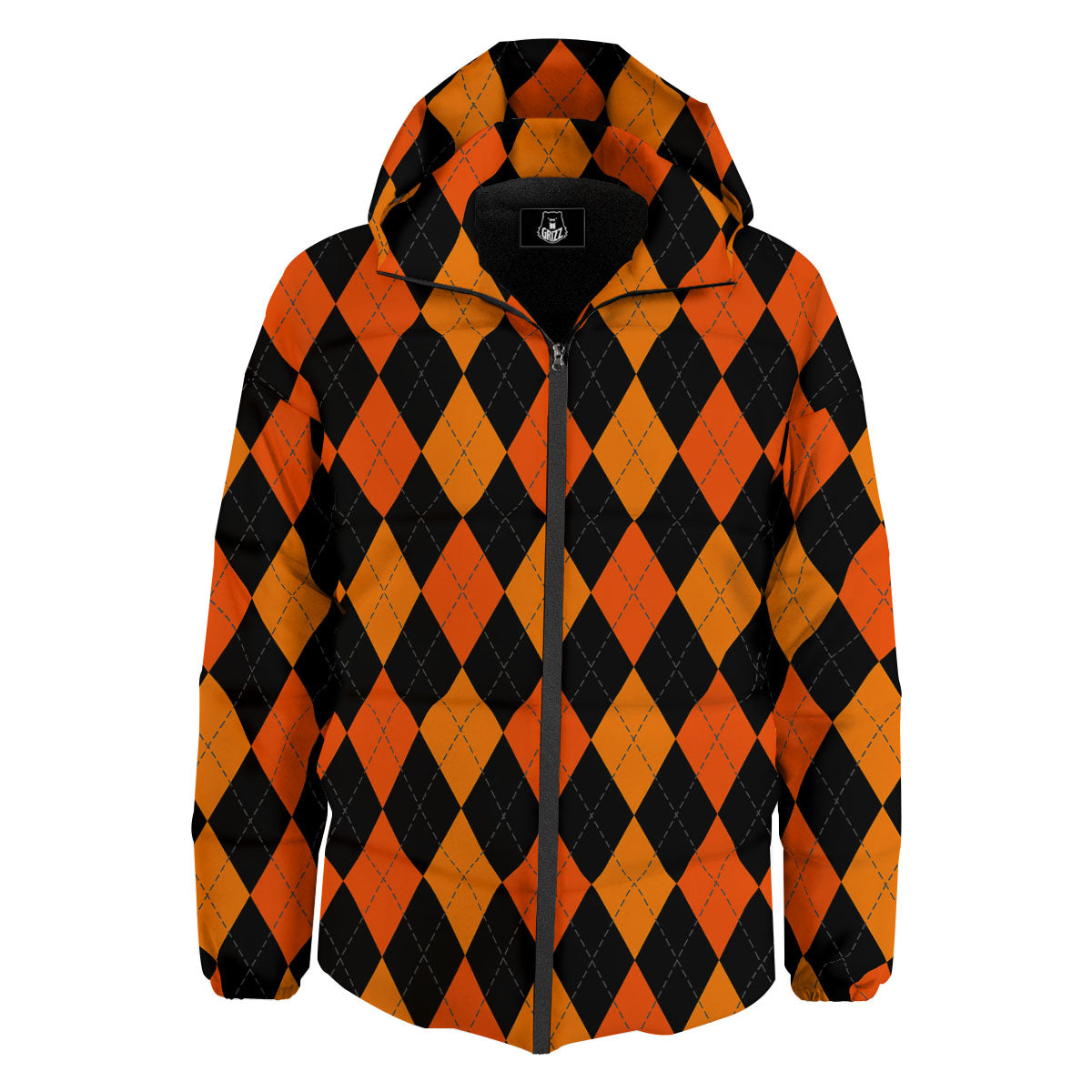 Argyle Black And Orange Print Pattern Down Jacket-grizzshop