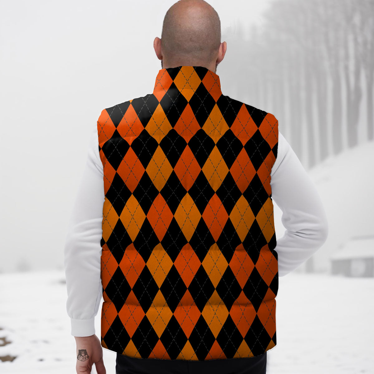 Argyle Black And Orange Print Pattern Down Vest-grizzshop