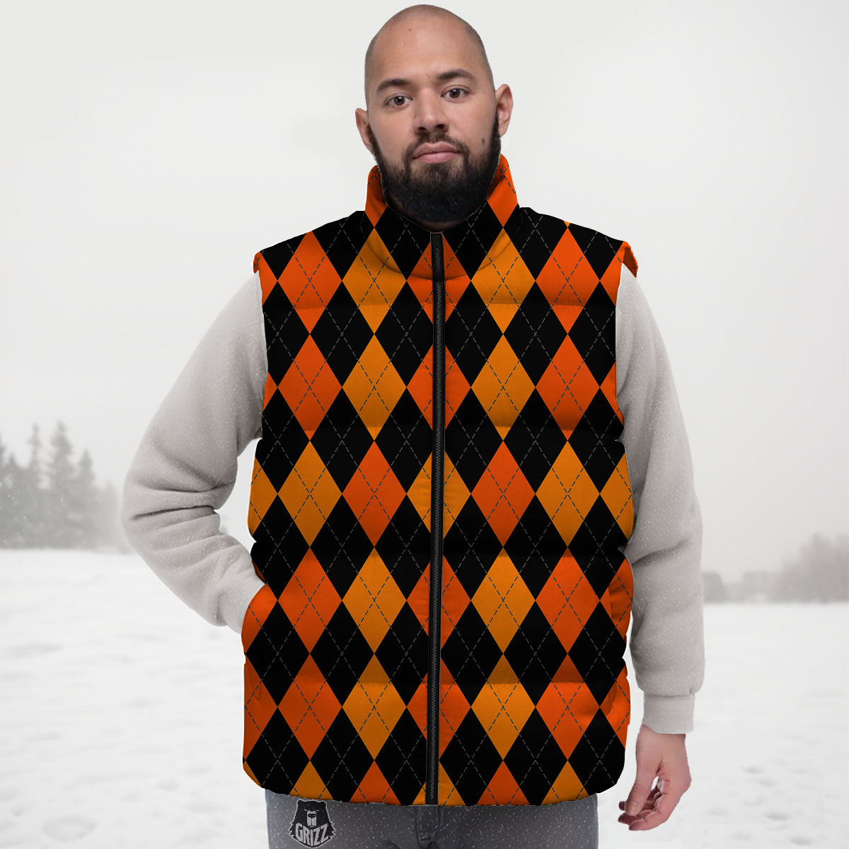 Argyle Black And Orange Print Pattern Down Vest-grizzshop