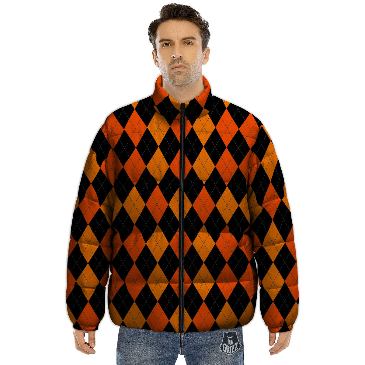 Argyle Black And Orange Print Pattern Puffer Jacket-grizzshop