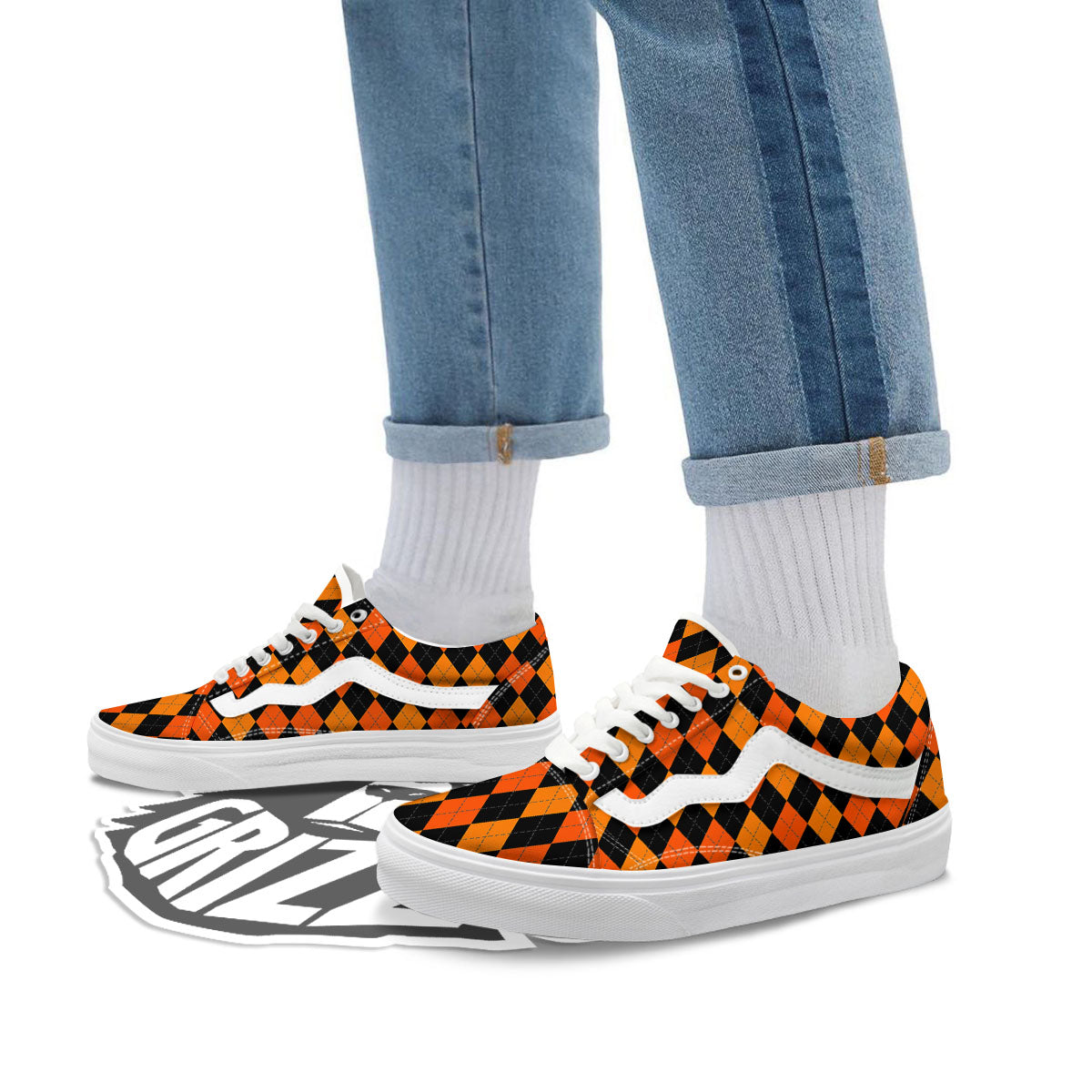 Argyle Black And Orange Print Pattern Skate Shoes-grizzshop