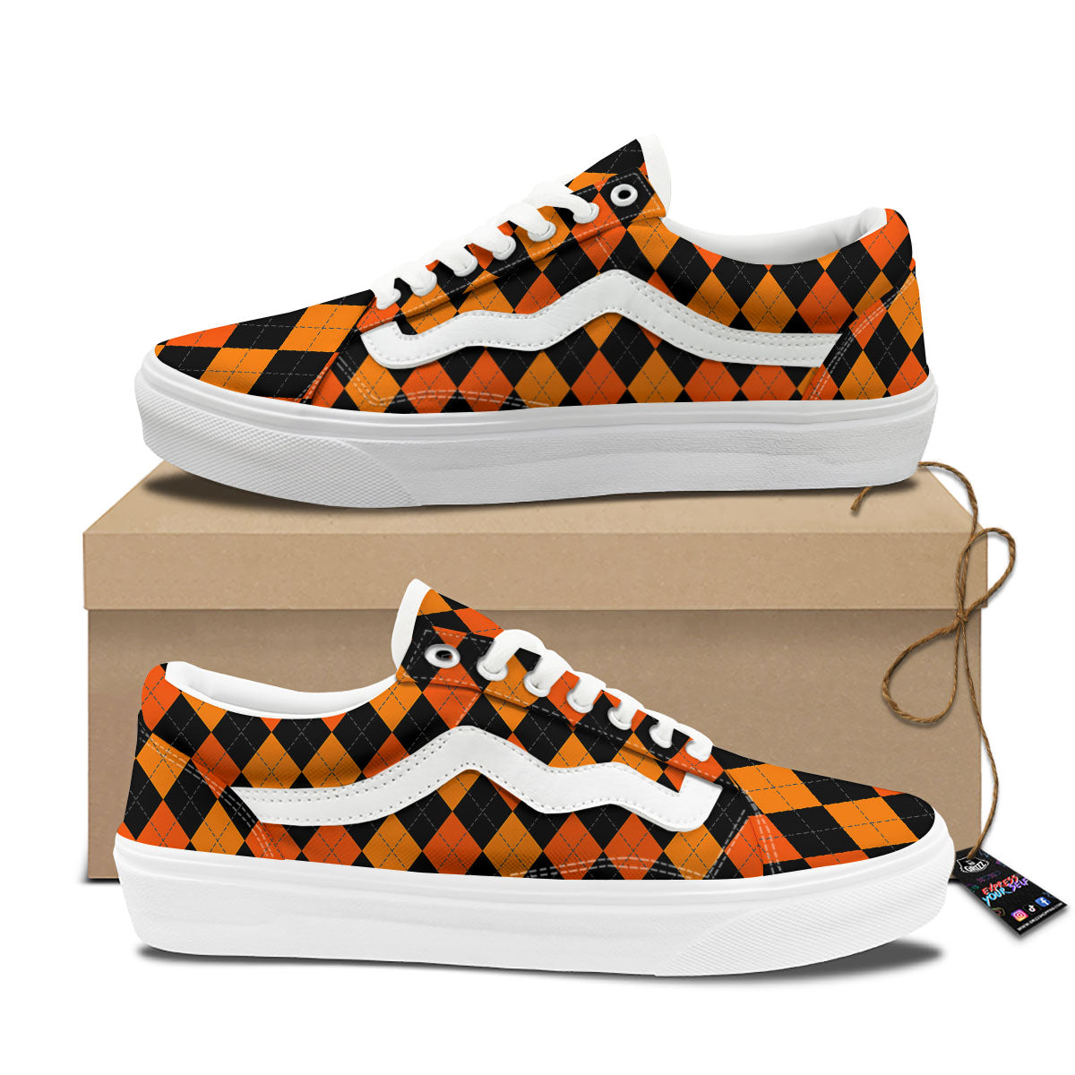 Argyle Black And Orange Print Pattern Skate Shoes-grizzshop