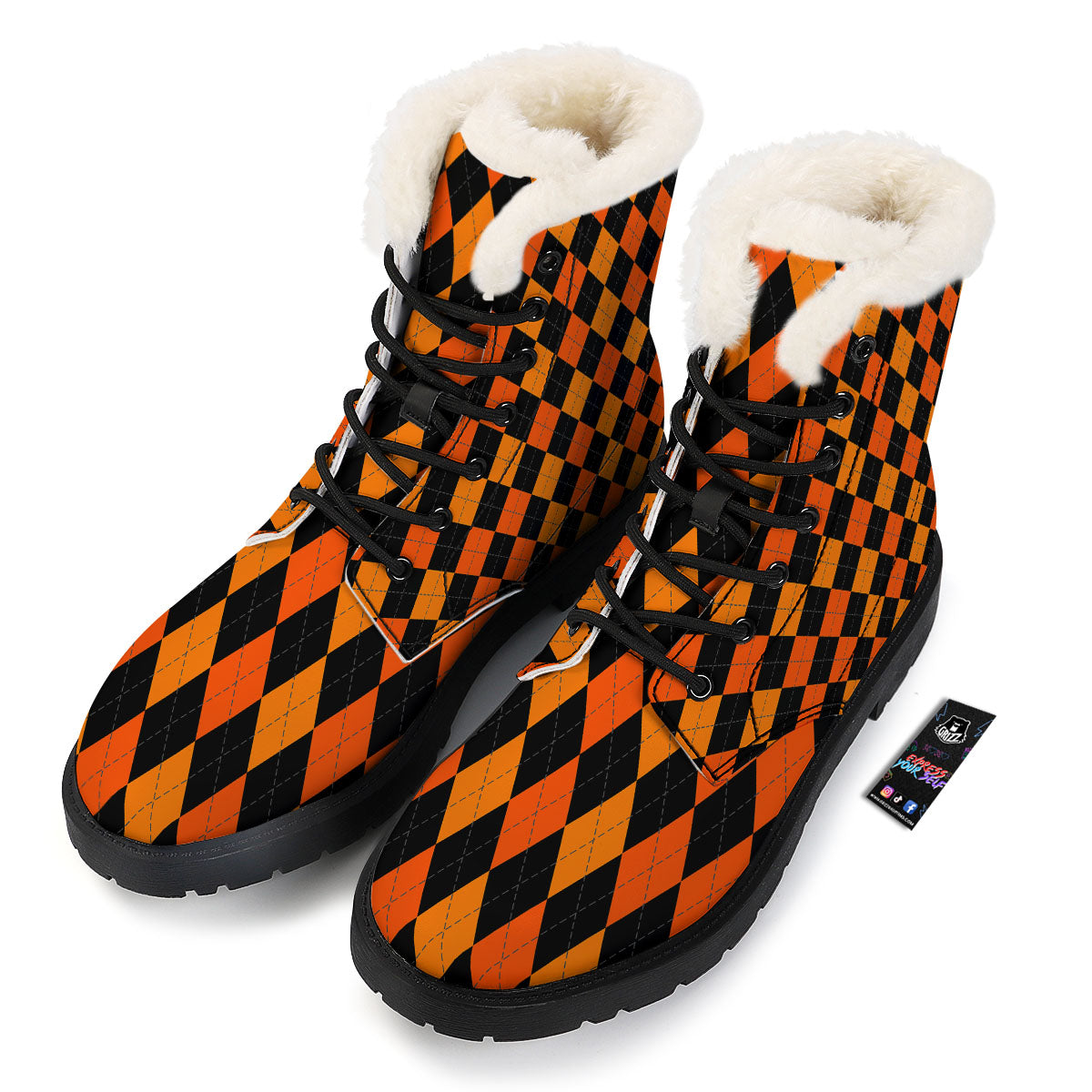 Argyle Black And Orange Print Pattern Winter Boots-grizzshop