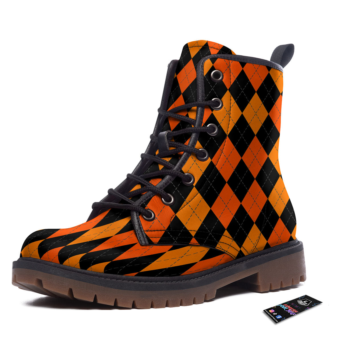 Argyle Black And Orange Print Pattern Work Boots-grizzshop