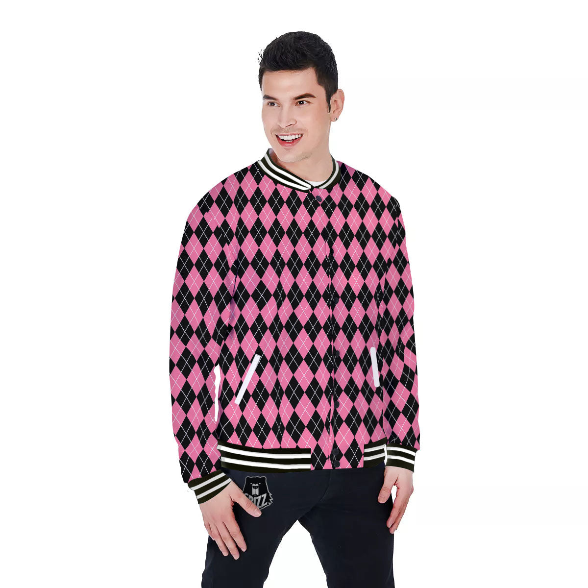 Argyle Black And Pink Print Pattern Baseball Jacket-grizzshop
