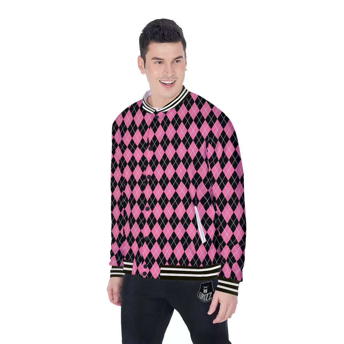 Argyle Black And Pink Print Pattern Baseball Jacket-grizzshop