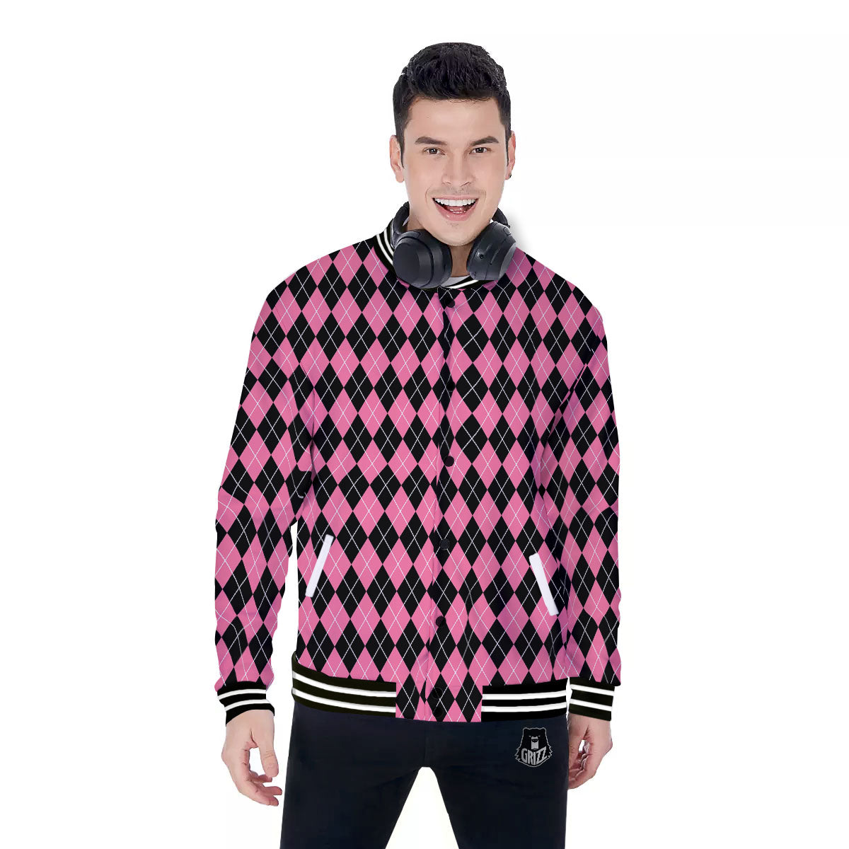 Argyle Black And Pink Print Pattern Baseball Jacket-grizzshop