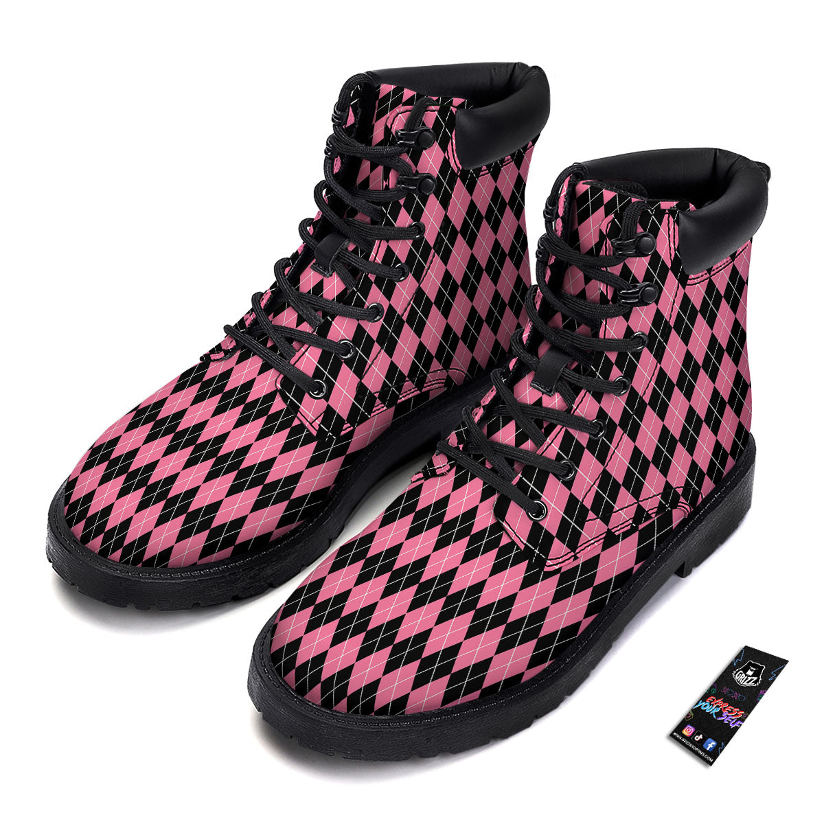 Argyle Black And Pink Print Pattern Boots-grizzshop