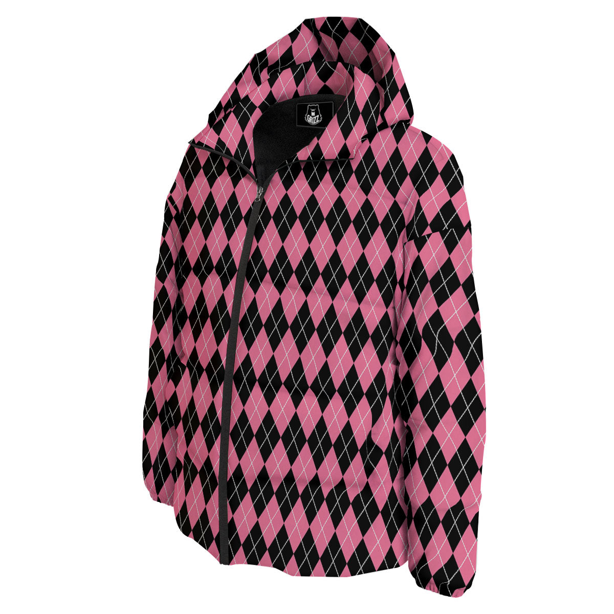 Argyle Black And Pink Print Pattern Down Jacket-grizzshop
