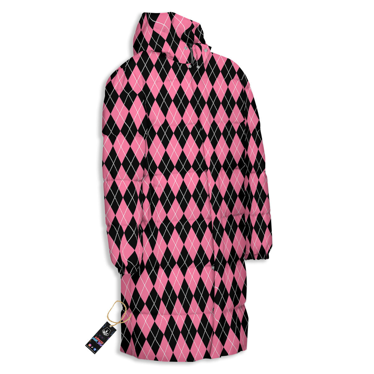 Argyle Black And Pink Print Pattern Long Down Jacket-grizzshop