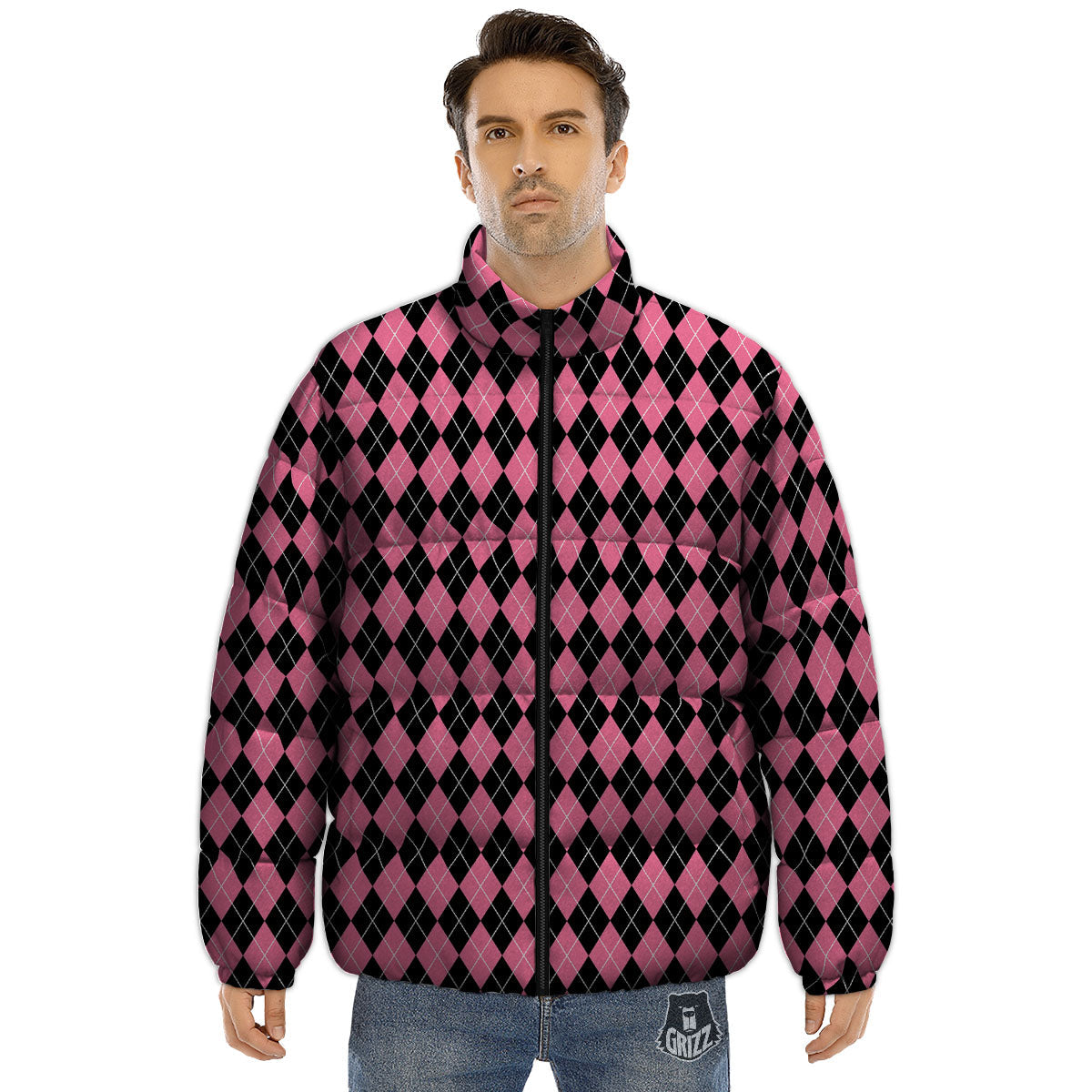 Argyle Black And Pink Print Pattern Puffer Jacket-grizzshop
