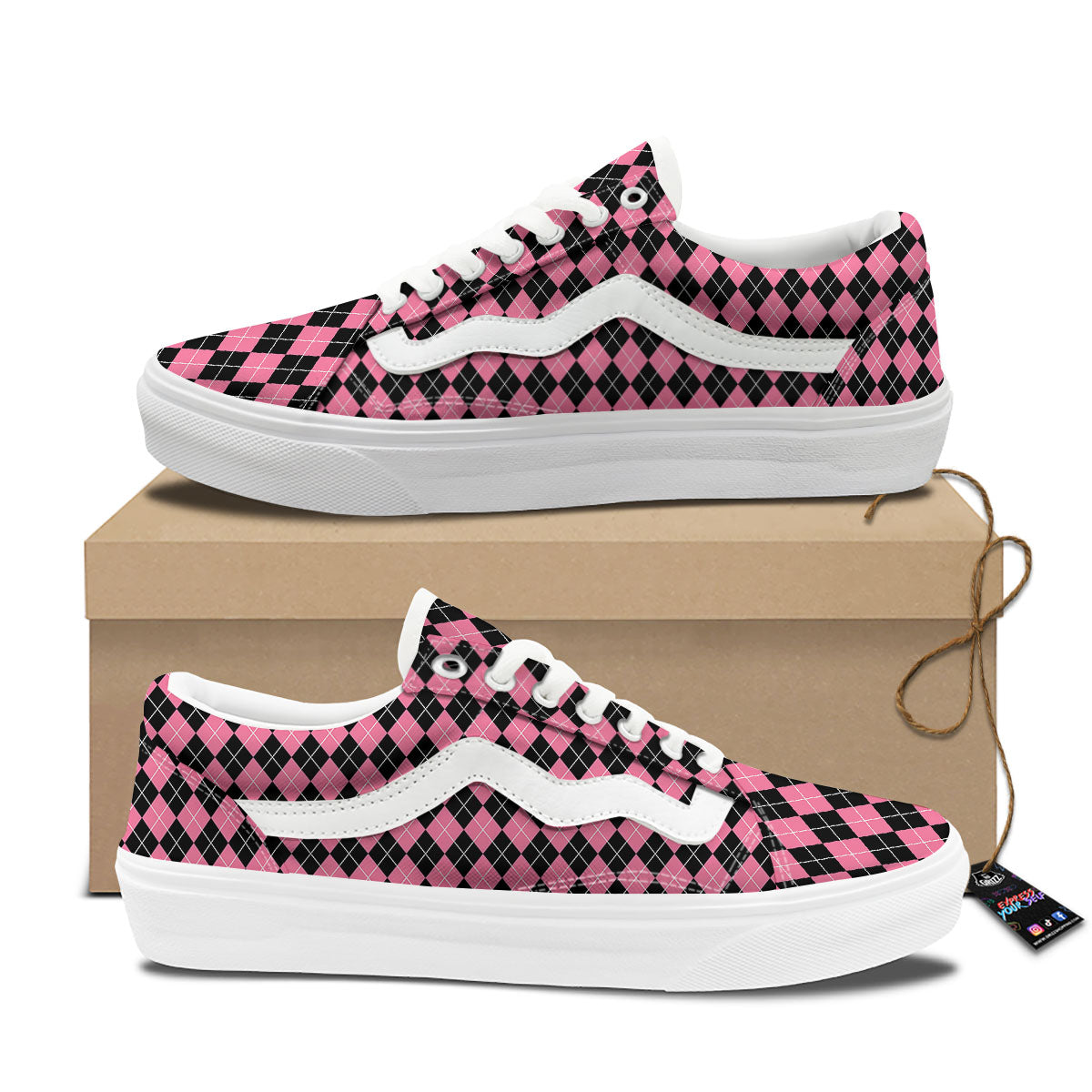 Argyle Black And Pink Print Pattern Skate Shoes-grizzshop