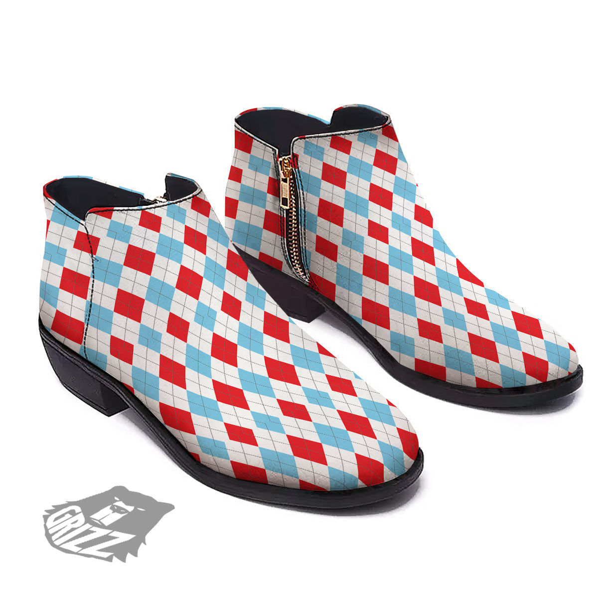 Argyle Blue And Red Print Pattern Ankle Boots-grizzshop
