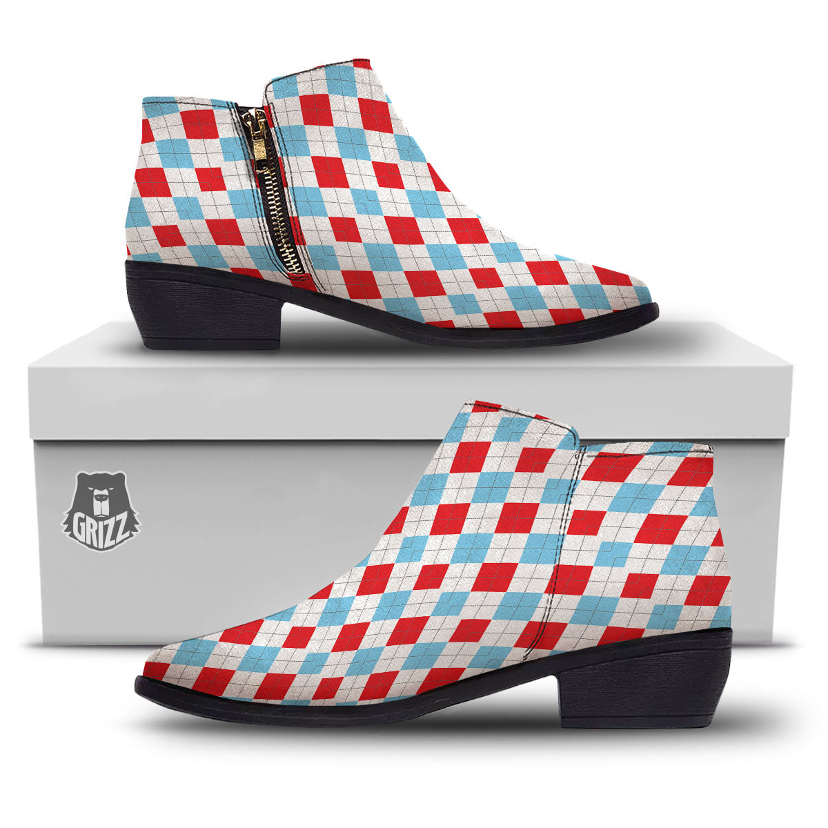 Argyle Blue And Red Print Pattern Ankle Boots-grizzshop