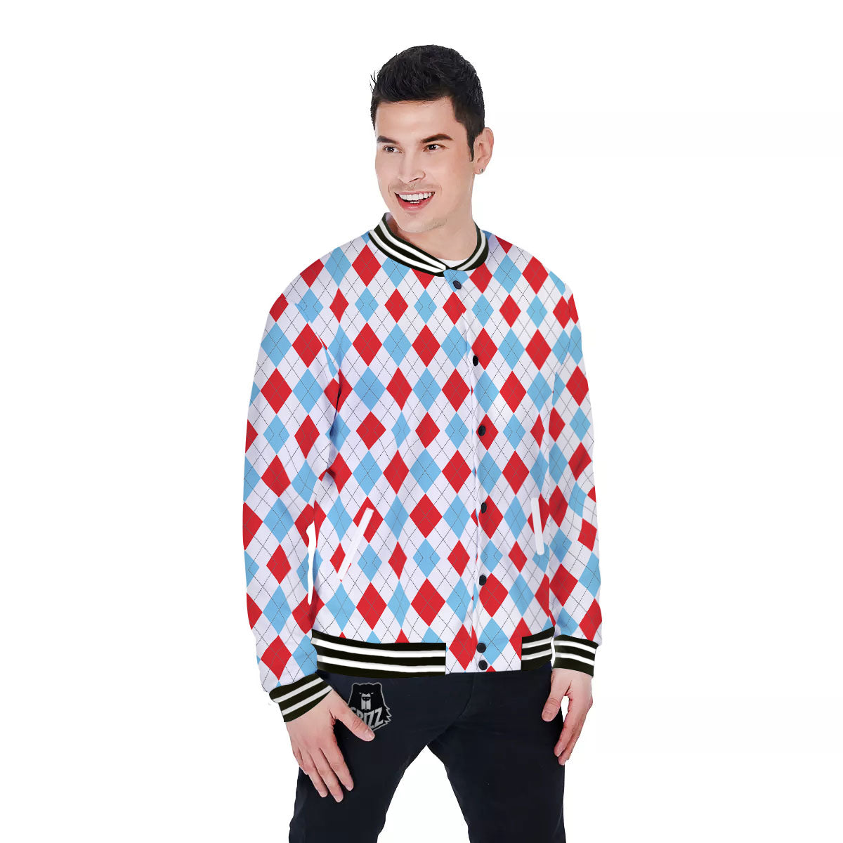 Argyle Blue And Red Print Pattern Baseball Jacket-grizzshop