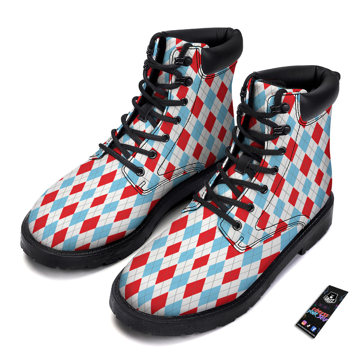 Argyle Blue And Red Print Pattern Boots-grizzshop