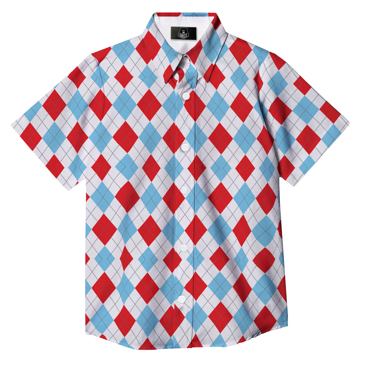 Argyle Blue And Red Print Pattern Button Up Shirt-grizzshop