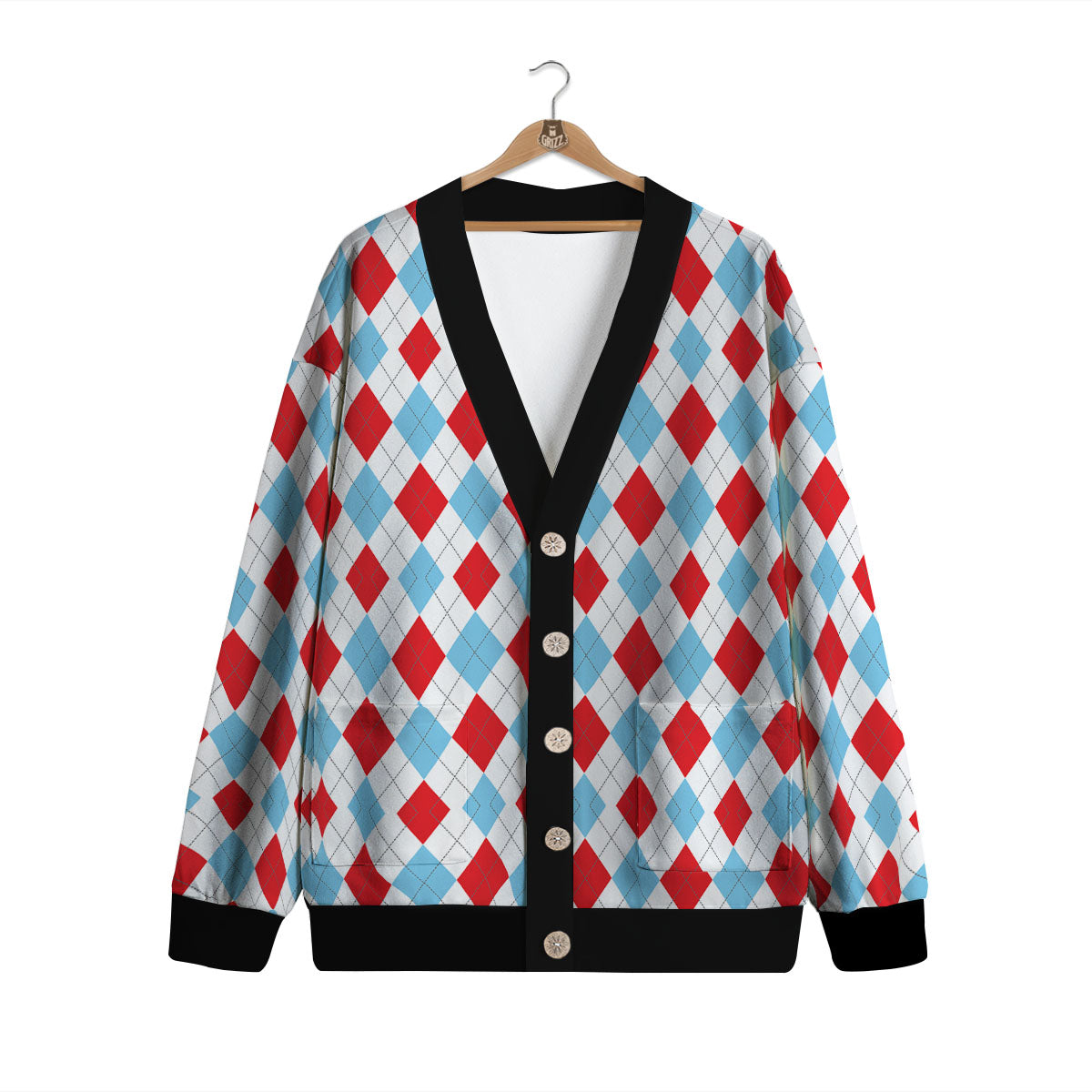 Argyle Blue And Red Print Pattern Cardigan-grizzshop