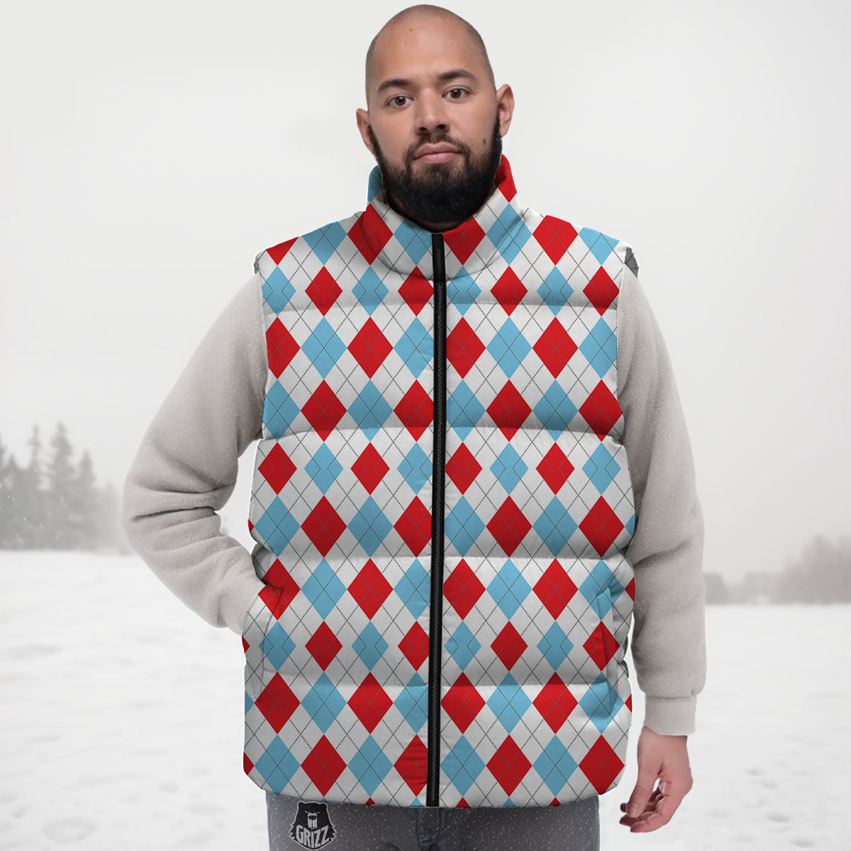 Argyle Blue And Red Print Pattern Down Vest-grizzshop