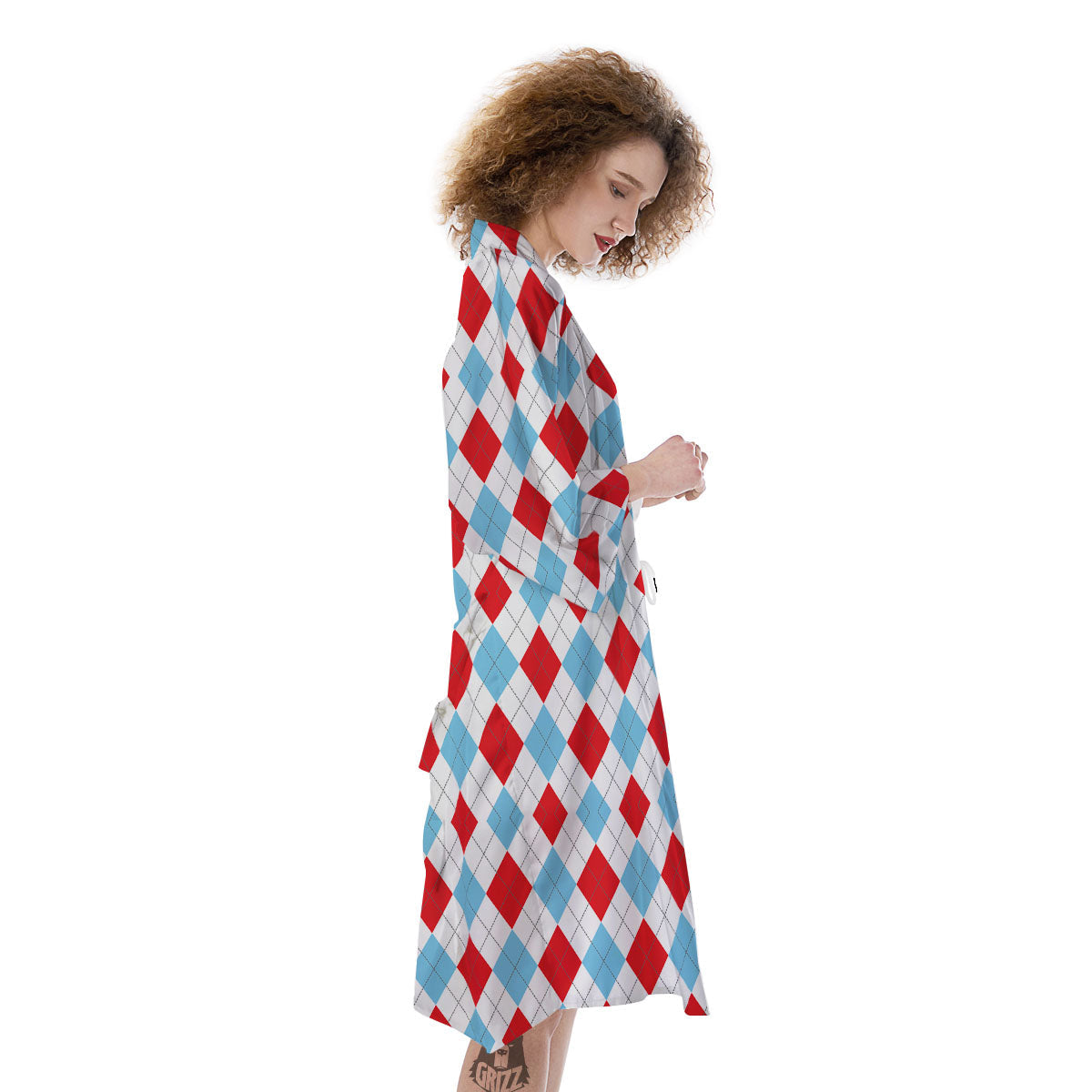 Argyle Blue And Red Print Pattern Kimono-grizzshop
