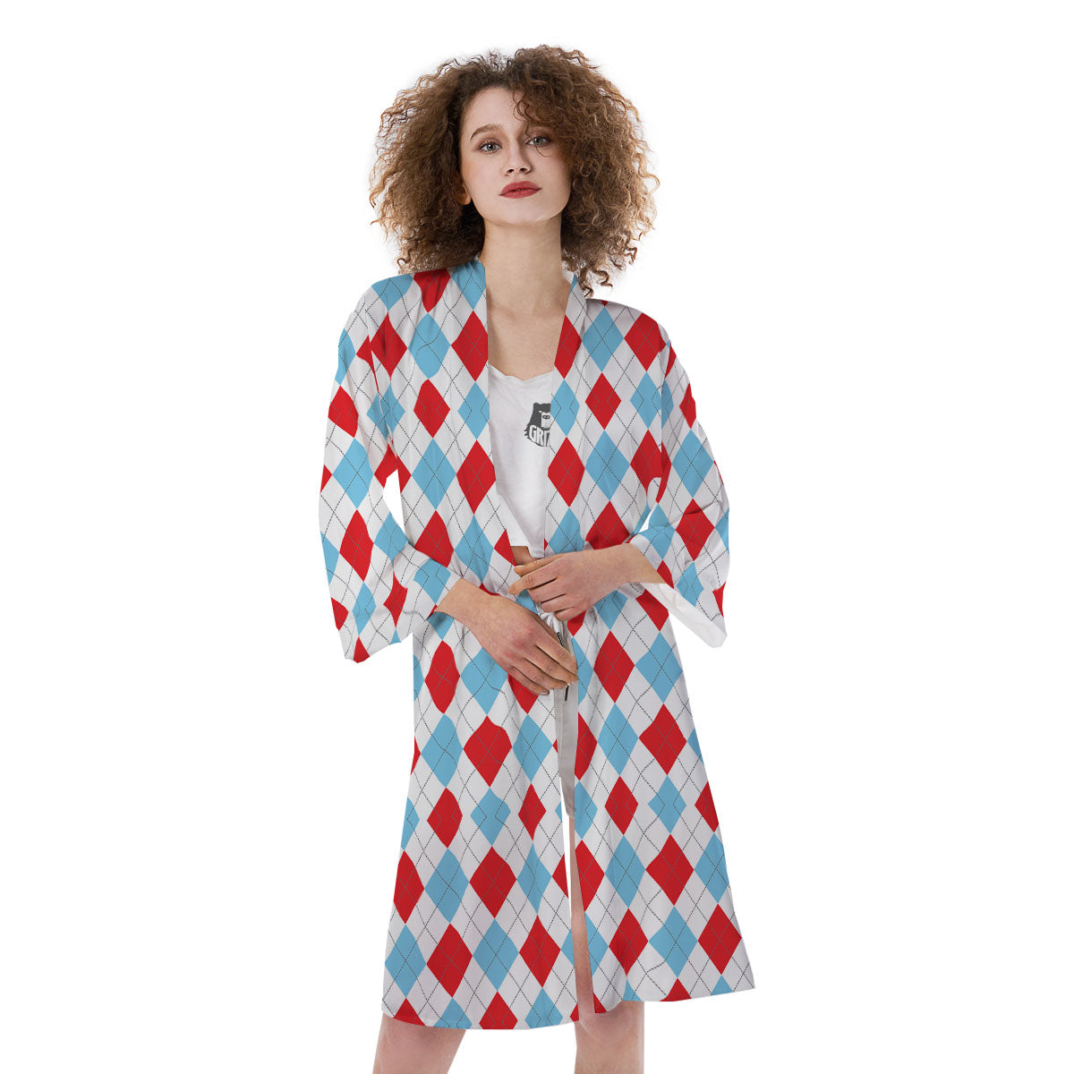 Argyle Blue And Red Print Pattern Kimono-grizzshop