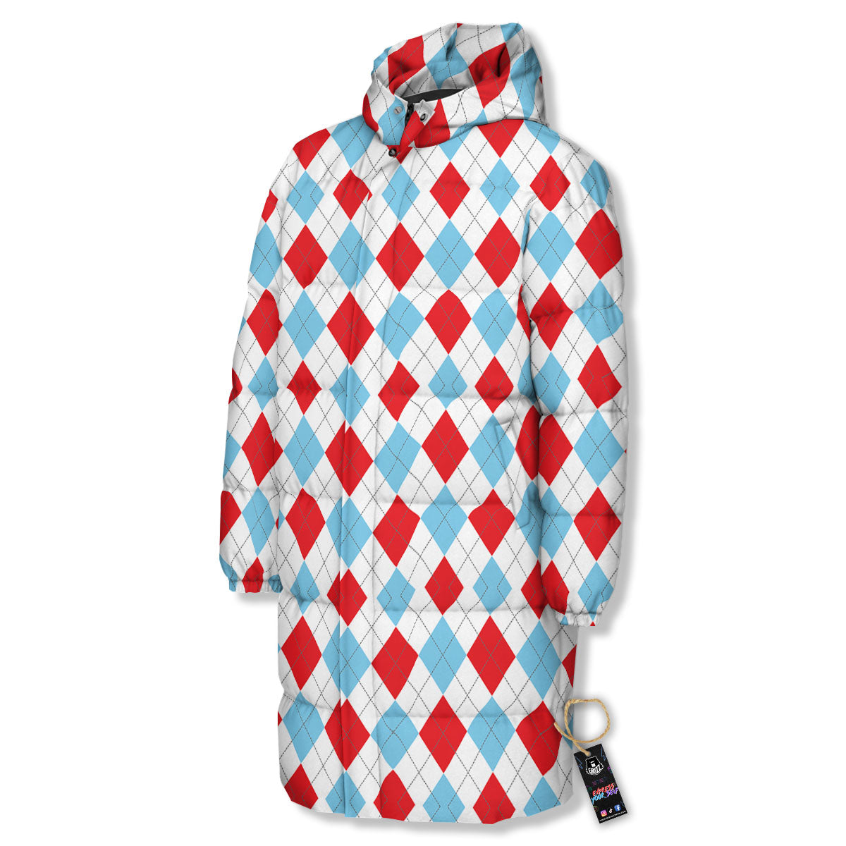 Argyle Blue And Red Print Pattern Long Down Jacket-grizzshop