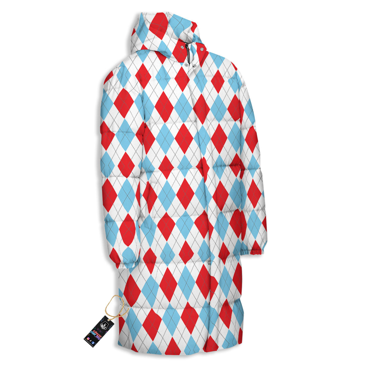 Argyle Blue And Red Print Pattern Long Down Jacket-grizzshop
