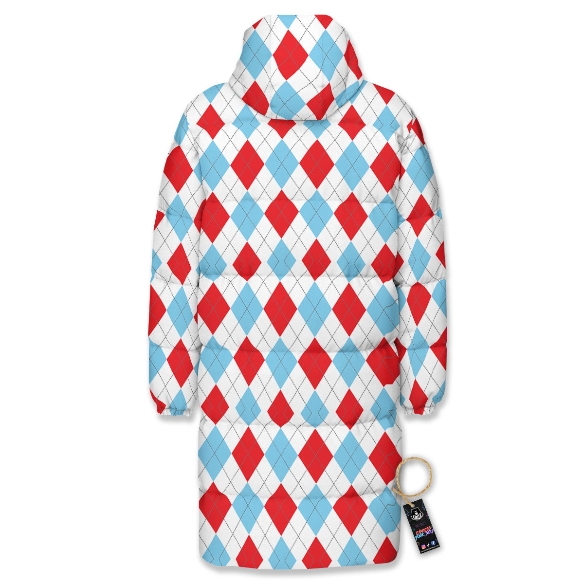 Argyle Blue And Red Print Pattern Long Down Jacket-grizzshop